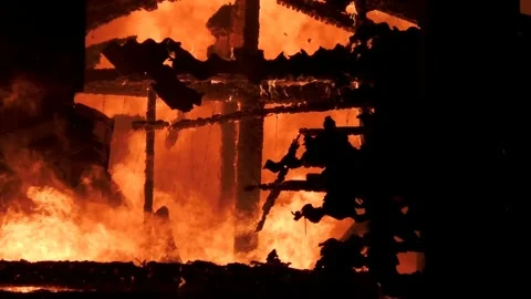 The private house is burning inside and out, flames in the window. Stock Footage 301632608