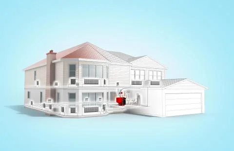 Private house heating system building concept 3d render on blue Stock Illustration