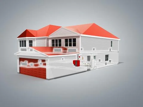 Private house heating system building concept 3d render on grey Stock Illustration