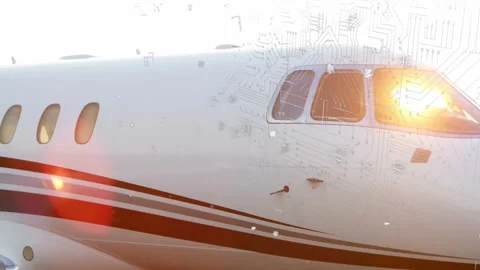 Private jet fuselage being visualized in 3D render, showing circuit-board Stock Footage 307433121