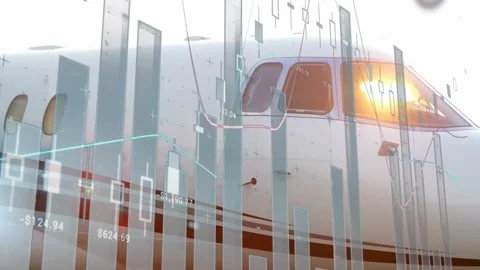 Private jet fuselage with cockpit windows showing floating financial data Video stock 330664764
