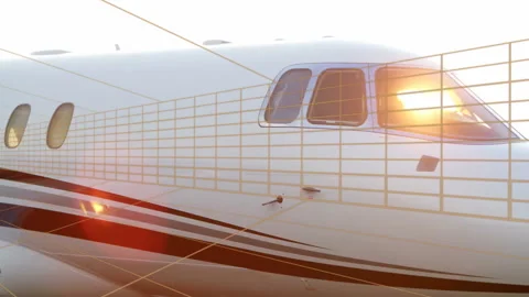 Private jet fuselage front section showing golden grid overlay and wing segment Video stock 307433206