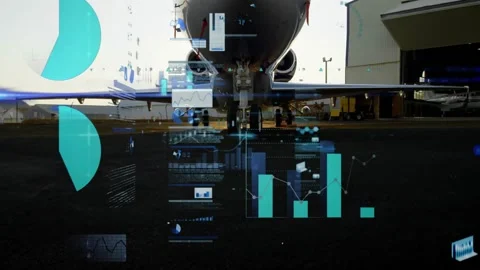 Private jet nose showcasing moving digital HUD charts floating over tarmac under Stock Footage 330736029