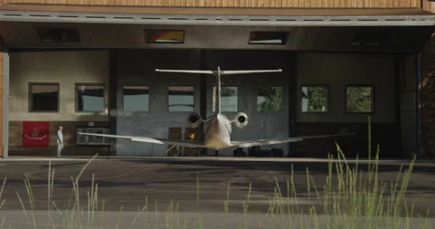 Private Jet Plane in Hanger, Pilot Walks Out - 4096 x 2160 Stock Footage 221121573