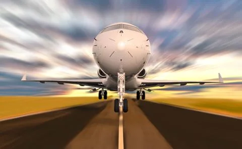 Private Jet Plane Taking off with Motion Blur during sunset Stock Photos