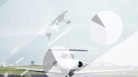 Private jet on runway with animation of data visualization overlay and world map Video stock 305459695