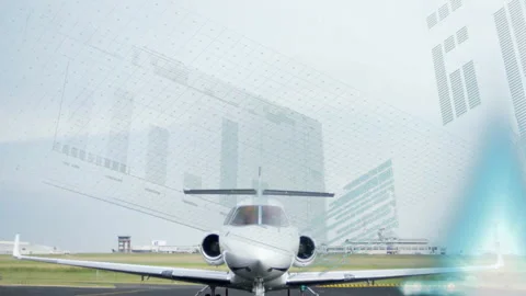 Private jet on runway with financial data processing animation overlay Video stock 304644269