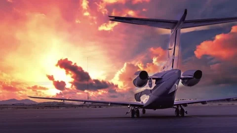 Private jet on runway at sunset time lapse Stock Footage 144267807
