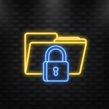 Private key, digital key. Neon icon. Cyber security concept. Futuristic server Stock Illustration