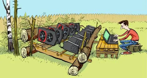 Private mining farm, Cryptocurrency concept with businessman miner. Man mining Stock Illustration