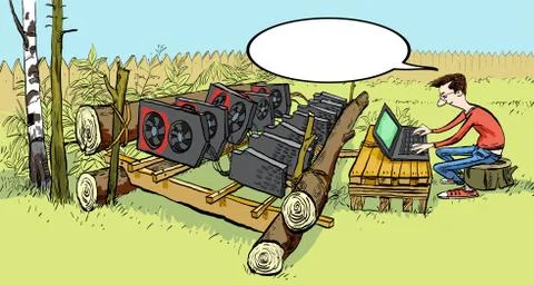 Private mining farm, Cryptocurrency concept with businessman miner. Man mining Stock Illustration