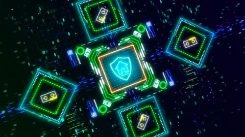 Private security and internet protection symbol. Glow neon shield and home sign Stock Illustration