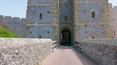 Private sign blocks entry at Arundel Castle gatehouse bridge, restricted access Stock Footage 342114863