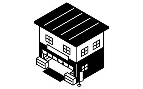 Private store with goodwill, simple black and white line drawing isometric .. Stock Illustration