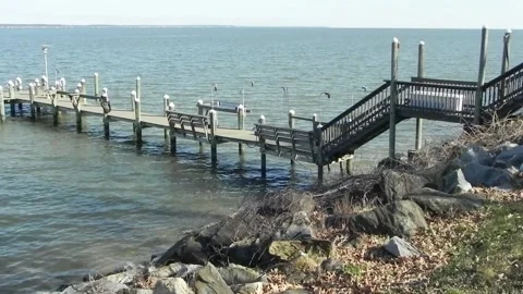 Privately Owned Pier Along the Shoreline of the Potomac River Colonial Beach VA Stock Footage 149123776