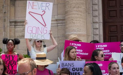 Pro choice demonstrators protest in reaction to leaked draft document that Supre Stock Photos