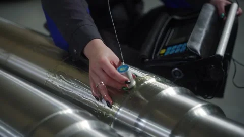 Pro conducts nondestructive testing, NDT, on a cylindrical metal component Stock Footage 273513519