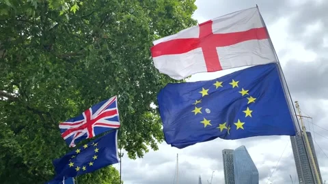 Pro-EU and British flags flying at the National Rejoin March in London. Stock Footage 338386882