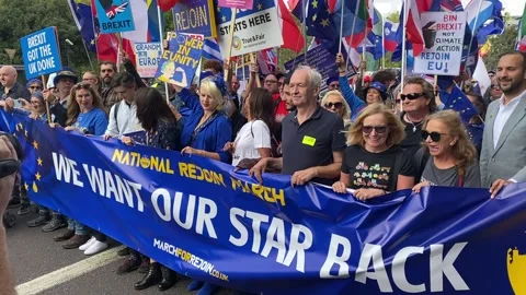 Pro EU supporters with lead banner at the National Rejoin March - London 2023. Stock Footage 253181773