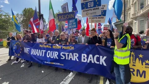 Pro EU supporters with lead banner at the National Rejoin March - London 2023. Stock Footage 253181786