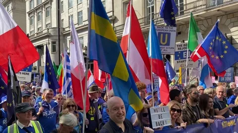 Pro EU supporters with lead banner at the National Rejoin March - London 2023. Stock Footage 253181787