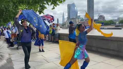 Pro-EU supporters with signs and flags at the National Rejoin March in London. Stock Footage 338387247
