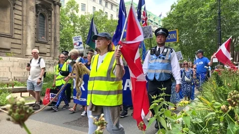Pro-EU supporters with signs and flags at the National Rejoin March in London. Stock Footage 338387592