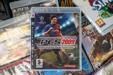 Pro Evolution Soccer (PES) 2009 PlayStation game CD at the flea market. Stock Photos