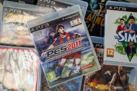 Pro Evolution Soccer (PES) 2011 PlayStation game CD at the flea market. Stock Photos