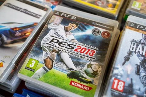 Pro Evolution Soccer (PES) 2013 Playstation game CD at the flea market. Stock Photos