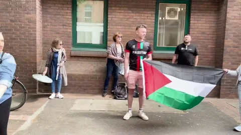 A pro-Palestine demonstration outside BBC Blackstaff Studios in Belfast Activis Stock Footage 308745243