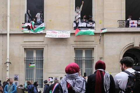 Pro-Palestine protests at Paris Sciences Po School, France - 26 Apr 2024 Stock Photos