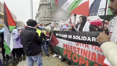 Pro-Palestinian protesters rally outside Leinster House in Dublin Stock Footage 253435271