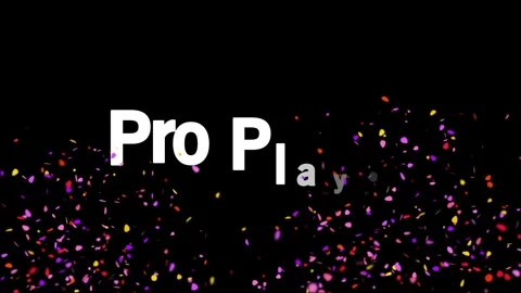 Pro Player text overlay with colorful falling confetti particles on black Видео 344928102