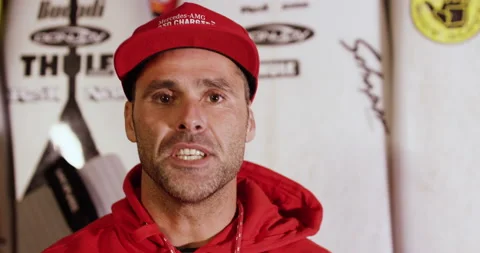 Pro surfer David Albaz talking about his first experience with big wave surfing Stock Footage 156601104