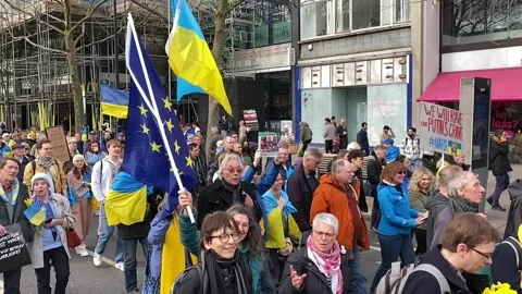Pro Ukraine protesters at demonstration, march to the Russian Embassy in London. Видео 302832838