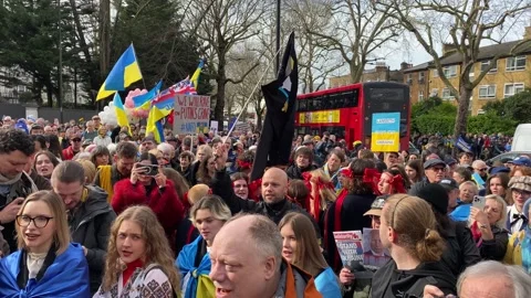 Pro Ukraine protesters at demonstration, march to the Russian Embassy in London. Stock Footage 302832920