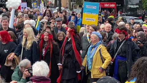 Pro Ukraine protesters at demonstration, march to the Russian Embassy in London. Stock Footage 303071005