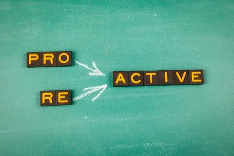Proactive and Reactive Concept. Old letter tiles on a green chalkboard Stock Photos