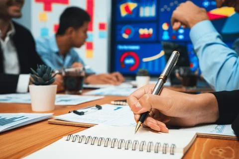 Proactive office worker participating in productive business meeting. Habiliment Stock Photos