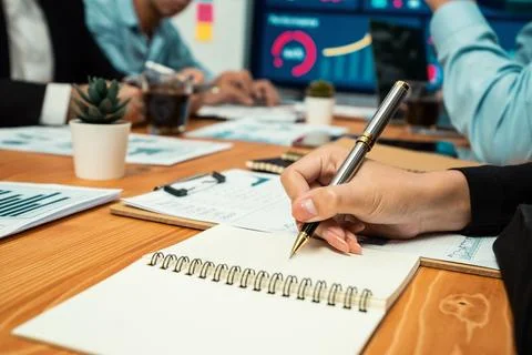 Proactive office worker participating in productive business meeting. Habiliment Stock Photos