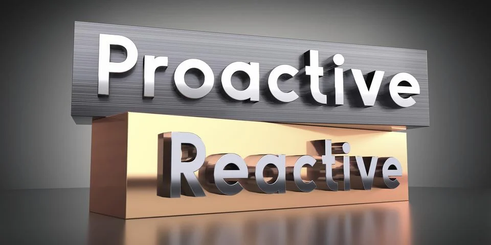 Proactive, reactive - words on metal blocks - 3D illustration Stock Illustration