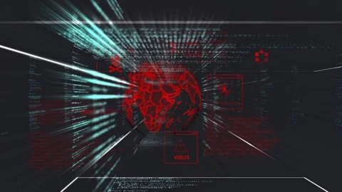 Probe initiating flythrough view flying toward red globe code streaking HUD Stock-Footage 335317071