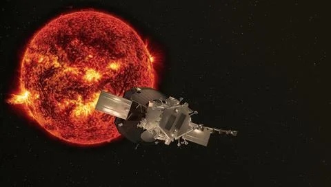 A probe to study the sun, approaching a star. Elements of this image were Stock Illustration