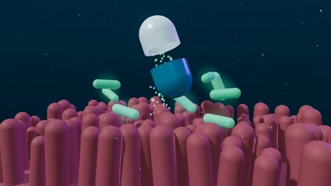 Probiotic capsule releasing glowing bacteria gut loop 3D animation seamless loop Stock Footage 341721692
