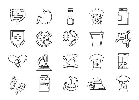 Probiotic, lactobacillus bacteria thin line icons Illustrazione stock
