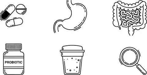 Probiotic Supplements and Digestive System Icons: Stomach, Intestines, Pill.. Illustrazione stock