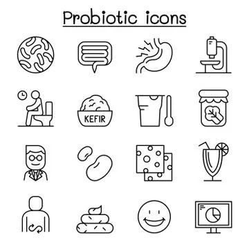 Probiotics bacteria icon set in thin line style Illustrazione stock