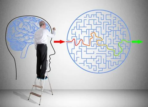 Problem and solution concept drawn by a man on a ladder 스톡 사진