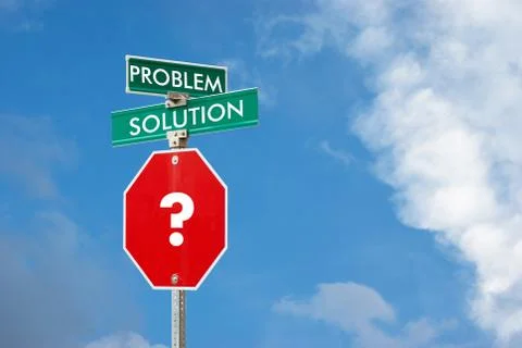 Problem and solution concept with signpost against blue sky background イラスト素材
